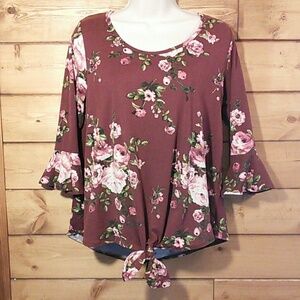 Threads Studio | Burgundy Floral Peplum Sleeve Top M
